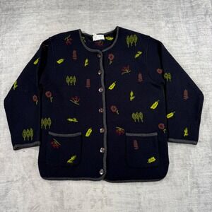 Rainbow Bridge Sweater Women Small Navy Blue Embroidered Leaf Nature Cardigan